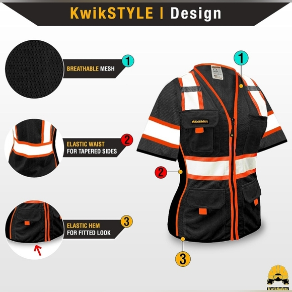 KwikSafety Women's High Vis Black/Orange Safety Vest Short Sleeve - Picture 3 of 6